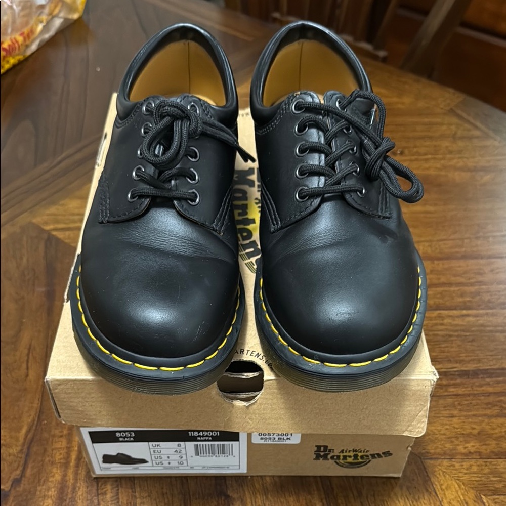 Dr. Martens Black Leather Oxfords with Yellow Stitching